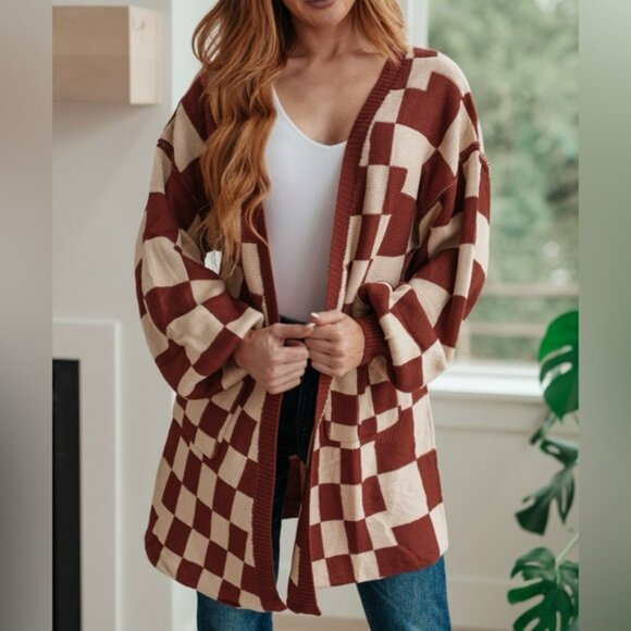 Burgundy and Cream Checkered Cardigan - Picture 5 of 5